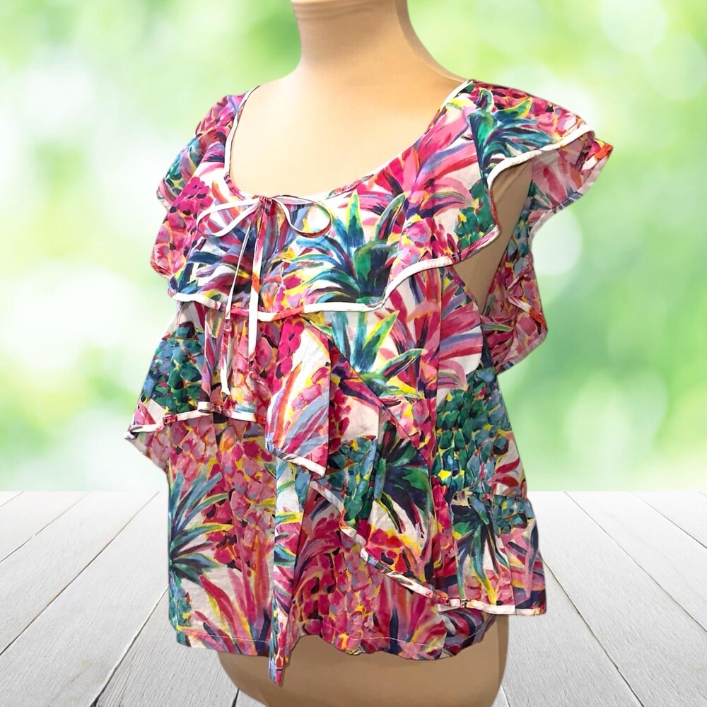 J CREW Tiered Ruffle Blouse Tropical Pineapple Print Flutter Sleeve Scoop Sz 10